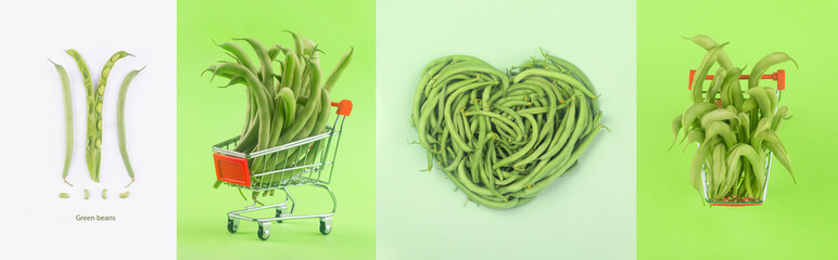 Wall Mural - green beans panoramic collage, layout with vegetarian food. Creative minimalism