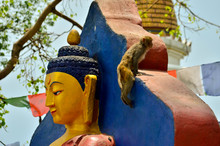 Colorful Buddhist Figure With A Monkey On Top, Kathmandu, Nepal