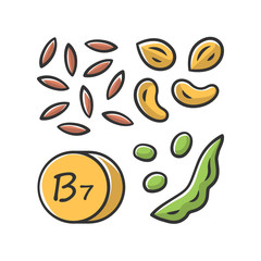 Sticker - Vitamin B7 yellow color icon. Almonds and peanuts. Nuts and peas. Healthy eating. Biotin natural source. Proper nutrition. Vitamin H. Minerals, antioxidants. Isolated vector illustration