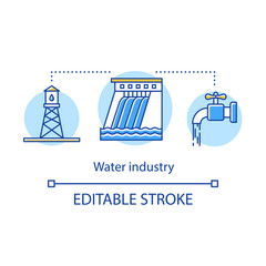 Water industry concept icon. Water tower, dam, tap. Accumulation, treatment, delivery of water, wastewater idea thin line illustration. Vector isolated outline drawing. Editable stroke