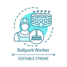Ballpark Worker Concept Icon. Field Stadium Staff Idea Thin Line Illustration. Cleaner, Janitor Maintaining Building. Cleaning Service Employee. Vector Isolated Outline Drawing. Editable Stroke