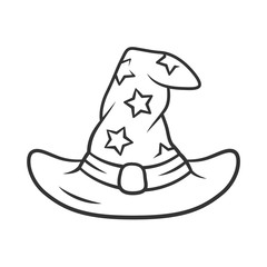 Sticker - Wizard hat linear icon. Thin line illustration. Witch magic cap. Magician, sorceress cap. Halloween costume. Witchcraft, sorcery item. Contour symbol. Vector isolated outline drawing. Editable stroke