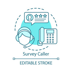 Survey caller concept icon. Call center agent idea thin line illustration. Consultant manager. Client services. Automated phone surveys. Vector isolated outline drawing. Editable stroke