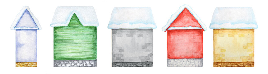 Watercolor Christmas winter houses icons set with snow on the roof on a white background. Red, green, gray, yellow, blue colors New year winter houses details