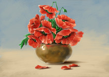 Digital Oil Paintings Still Life, Red Flowers In A Vase. Fine Art.