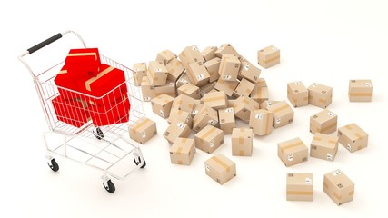 Shopping Cart with Box with red one  3d rendering illustration ,Logistics,e-commerce,shipping