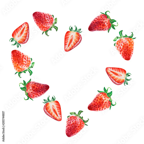 Watercolor red juicy strawberry heart frame. Food background, painted bright ...
