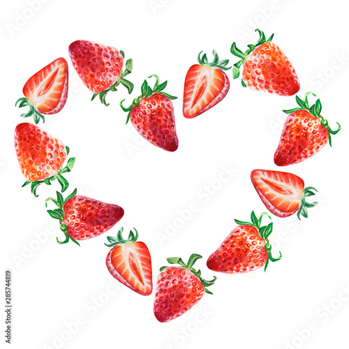 Watercolor red juicy strawberry frame. Food background, painted bright compos...