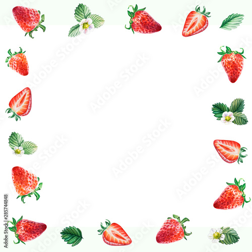 Watercolor red juicy strawberry frame. Food background, painted bright compos...