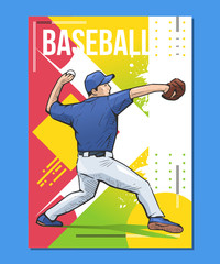 Wall Mural - Vector illustration of baseball player throwing the ball on abstract background. Baseball themed sport poster