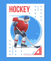 Wall Mural - Vector illustration of ice hockey player standing with stick. Winter sport themed hockey poster on abstract background