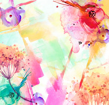 Watercolor Bouquet Of Flowers, Dandelion, Inflorescence, Dill, Hogweed.  Abstract Splash Of Paint, Fashion Illustration. Field Or Garden Flowers. Suburban Summer, Autumn Landscape.Watercolor Card