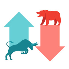 Bullish and Bearish symbols on stock market vector illustration. The symbol of the bear and the bull. The growing and falling market. Vector.