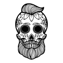 Poster - Hand drawn mexican bearded sugar skull isolated on white background. Design element for poster, card, banner, t shirt, emblem, sign. Vector illustration