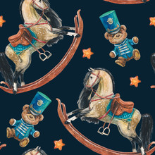 Seamless Pattern Rocking Horse And Teddy Bear In Military Uniform