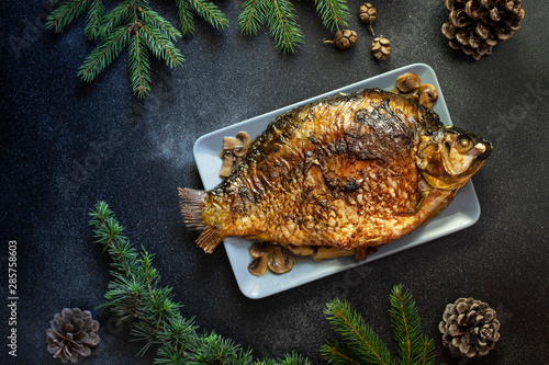 Christmas Whole Carp Baked With Mushrooms Served On A Dark Background Traditional Christmas Eve Meal Top View Space For Text Stock Photo Adobe Stock