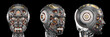 © Mykola - Robot head or very detailed cyborg face. Set of three diferent angles. Isolated on black background. 3d render