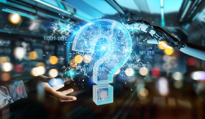 Fototapete - Cyborg solving problem with digital question marks 3D rendering