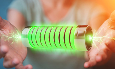 Poster - Businessman using green battery with lightnings 3D rendering