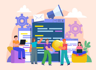 Software development team, web app coding. Group of people stand near big pages with code. Flat design vector illustration. Poster for social media, web page, banner, presentation
