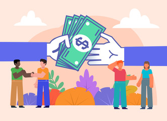 Payment, trade, return debt or pay taxes concept. Group of people stand near big hands with cash. Poster for social media, web page, banner, presentation. Flat design vector illustration