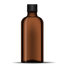 Wall Mural - Clear dark glass bottle with screw cap, realistic vector mockup. Empty transparent brown container with black lid