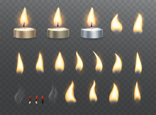 Tea Candles And Fire Flame Effects. Set Of Burning Light Effects On Transparent Background.
