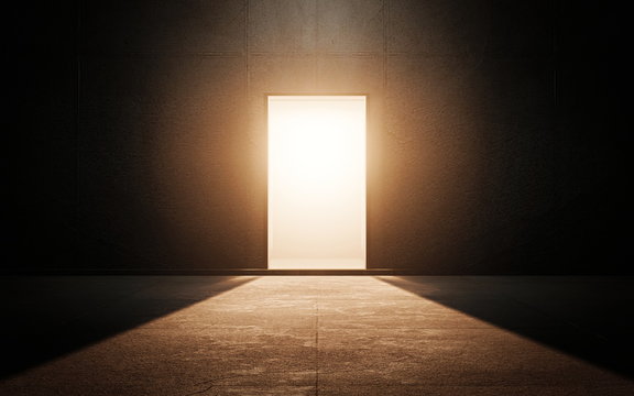 Light door in dark room. 3d render