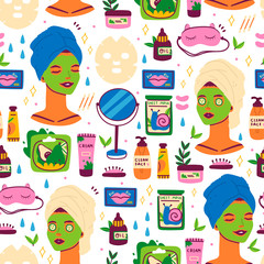 Skin care routine icons. Various beauty objects. Face care concept. Cleansing, moisturizing, treating. Hand drawn vector seamless pattern. Cartoon style. Flat design