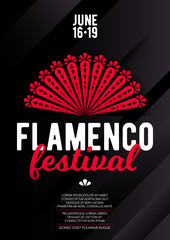 Wall Mural - Vertical flamenco template with dark background, red fan and text. 