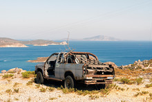 Wrecked Vintage Car In The Island Of Patmos, Greece