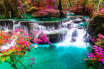 huay mae kamin waterfall in colorful autumn forest at Kanchanaburi