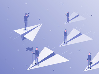 Wall Mural - Own business way. Businessman on paper airplane stand out from crowd, individuality and unique. Startup challenges idea or leadership inspiration winning metaphor isometric vector illustration