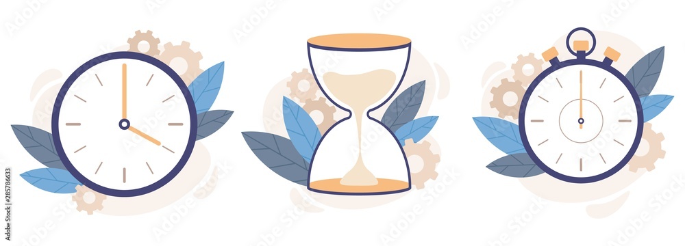Clock, hourglass and stopwatch. Analog watch clocks, countdown timer and time management. Timekeeping alarm or timer measurement. Isolated vector illustration icons set - obrazy, fototapety, plakaty 