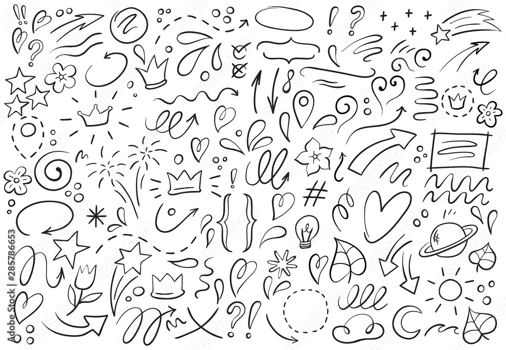 Decorative hand drawn shapes. Outline crown, doodle pointer and heart frame. Doodles lines elements, ink line arrow and flower calligraphy sign sketch. Isolated vector illustration symbols set - obrazy, fototapety, plakaty 