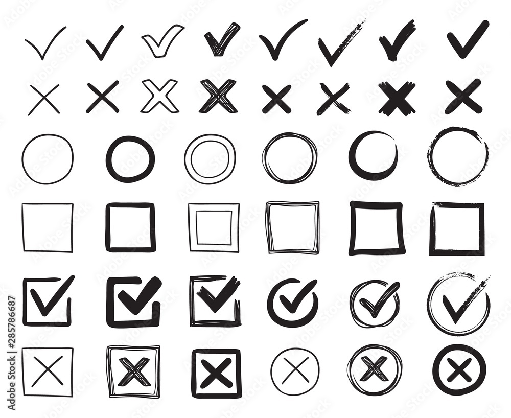 Doodle check marks. Hand drawn checkbox, examination mark and checklist marks. Check signs sketch, voting agree checklist mark or examination task list. sign Isolated vector illustration symbols set - obrazy, fototapety, plakaty 