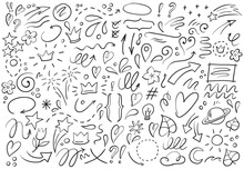 Decorative Hand Drawn Shapes. Outline Crown, Doodle Pointer And Heart Frame. Doodles Lines Elements, Ink Line Arrow And Flower Calligraphy Sign Sketch. Isolated Vector Illustration Symbols Set