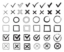 Doodle Check Marks. Hand Drawn Checkbox, Examination Mark And Checklist Marks. Check Signs Sketch, Voting Agree Checklist Mark Or Examination Task List. Sign Isolated Vector Illustration Symbols Set