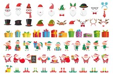 Cartoon Christmas Collection. Xmas Hats And New Year Gifts. Santa Claus And Elves Helpers Characters. Santas Character Mask, Gift Box, Elfs Legs And Reindeer Hat. Isolated Vector Icons Set