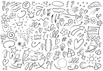 decorative hand drawn shapes. outline crown, doodle pointer and heart frame. doodles lines elements,
