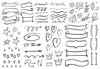 Wall Mural - Vintage decorative doodles. Hand drawn ribbon, outline arrows and doodle holidays cards decorations. Flower, heart, star and curved lines black ink ornate. Isolated vector symbols set