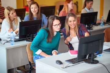 Girl on class with computer on university.