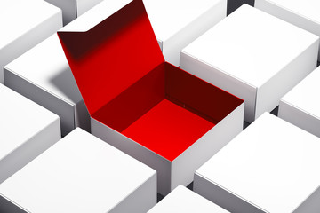 Blank white realistic cardboard boxes and one box is opened and red inside. 3d rendering.