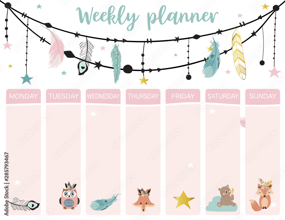 cute weekly planner background with boho,fox,bear,feather.Vector illustration for kid and baby.Editable element - obrazy, fototapety, plakaty 
