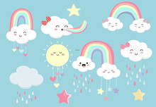 Pastel Rainbow Set With Cloud,sun,star,heart Illustration For Sticker,postcard,birthday Invitation.Editable Element