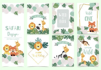 Wall Mural - Green,gold animal collection of safari background set with lion,fox,giraffe,zebra,geometric vector illustration for birthday invitation,postcard,logo and sticker.Wording include wild one,wild and free