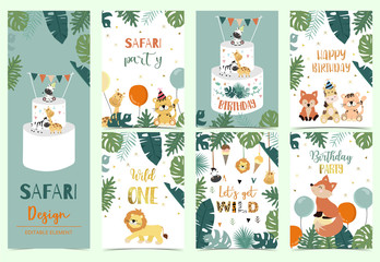 Green,gold animal collection of safari background set with lion,fox,giraffe,zebra,geometric vector illustration for birthday invitation,postcard,logo and sticker.Wording include wild one,wild and free