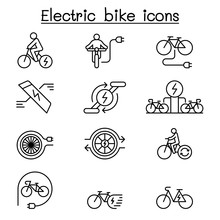Electric Bike Icon Set In Thin Line Style