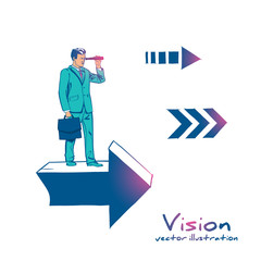 Wall Mural - Businessman standing on arrow with telescope in hand. Vision business concept. Looking in future. Vector illustration sketch design. Isolated on background. Search solution.