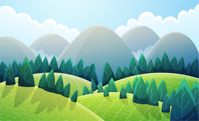 Wall Mural - Mountains landscape with light green rounded hills and stylized pine trees. Summer scenery with green colors. Vector illustration background.